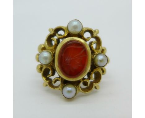 A 9ct gold, pearl and stone set centurion ring, 5.9g