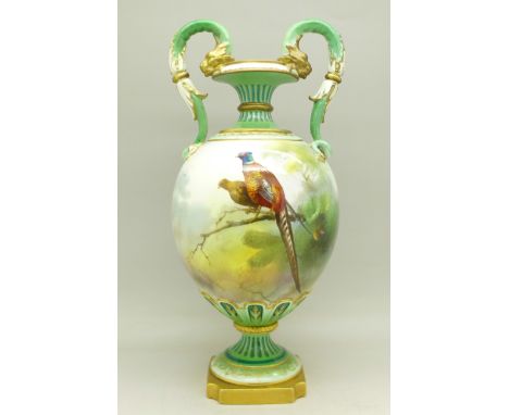 A Hadley's Worcester two handled hand decorated vase, signed Powell, marked 147/115.67, 21.5cm, possibly restored, some a/f