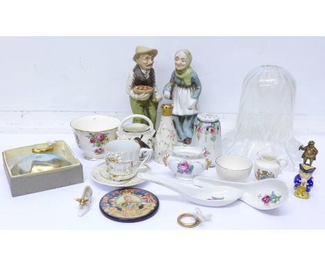 A glass lamp shade, a pair of figures, pepper pots, an Edward VIII Coronation souvenir handbag mirror, a Canaletto View of th