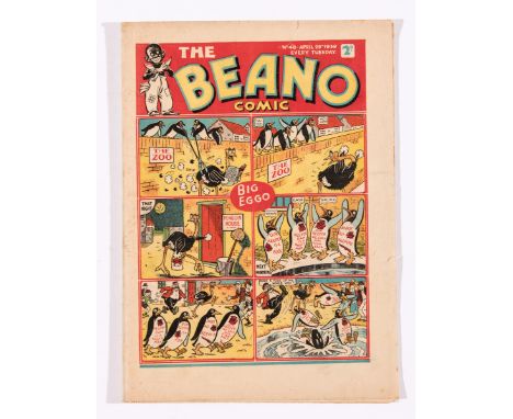 Beano No 40 (1939). Bright cover with two 1 ins margin tears. Back cover 2½ ins margin tear. Cream/light tan pages [vg]