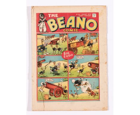 Beano No 34 (1939). Bright covers, 2 ins top spine tear, 2 ins and 4 ins lower margin tears, cream/light tan pages [vg-]