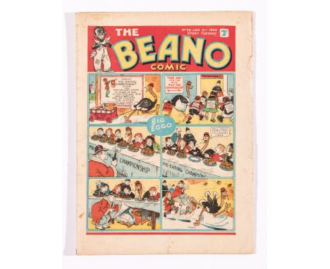 Beano No 26 (1939). Bright covers with 2 ins lower margin tear. Cover overhang edge tears with ½ ins piece missing. Cream/lig