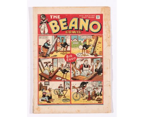Beano No 35 (1939). Bright colour covers, 2 ins lower spine tear, some tears and foxing to margin. Cream/light tan pages [vg-