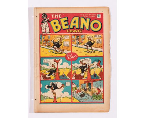 Beano 12 (1938). Bright cover with brittle RH edge overhang, 2 small punch holes to curved spine with some tears. Light tan p