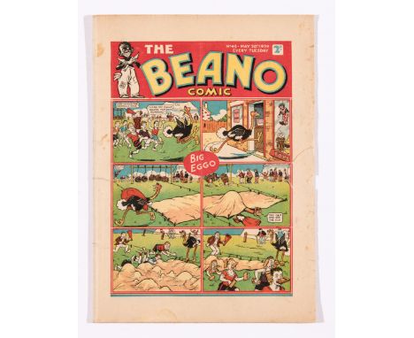 Beano No 43 (1939). Bright covers, 2 ins margin tear, with margin chip out, 1 ins spine tear. Some margin foxing blemishes. C