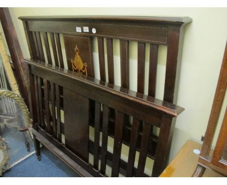 A PAIR OF EDWARDIAN MAHOGANY BED ENDS with slated uprights and inlaid panel 120cm wide