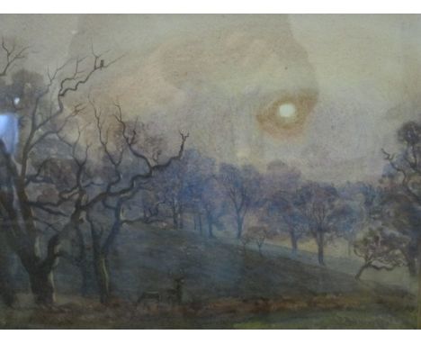 JOSEPH POOLE ADDEY IRISH 1852-1922
A Misty Larkland with Deer at Sunset
A Watercolour
Signed Lower Right
22cm x 33cm