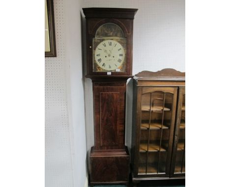 A GEORGIAN MAHOGANY LONG CASE CLOCK the outswept cornice above a rectangular arched glazed door containing a painted dial wit
