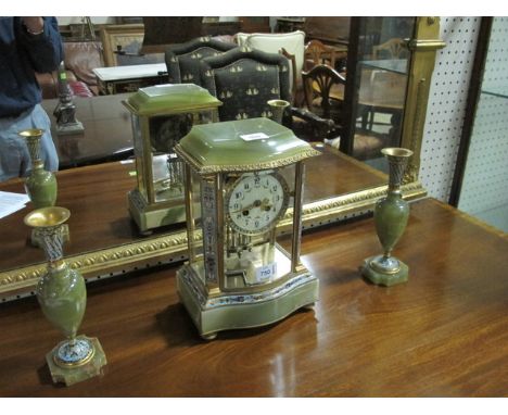 A VERY FINE GREEN ONYX GILT BRASS MOUNTED AND CLOISONNE CLOCK GARNITURE 19th Century the painted dial with enamel bezel withi