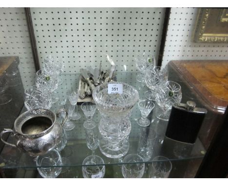 SIX WATERFORD CUT GLASS SHERRY GLASSES together with six Cavan cut glass brandy goblets, cut glass vase, hip flask, plated su