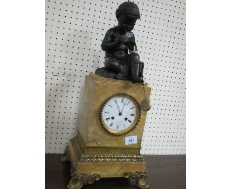 A FRENCH SIENNA MARBLE BRONZE AND GILT BRASS MOUNTED MANTLE CLOCK by "Victor Paillard Paris" the rectangular case with enamel