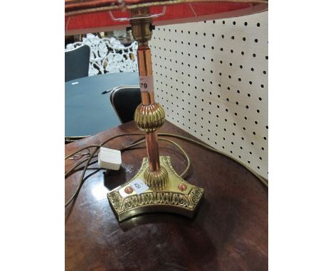 A VICTORIAN BRASS AND COPPER TABLE LAMP the cylindrical knopped column on concave base with shade 55cm high