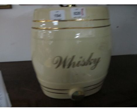 A WHITE GLAZED CHINA WHISKEY BARREL converted to a table lamp 67cm high