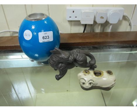 A WORX OF AFRICA NIGHT LIGHT STAND of ovoid form together with a stylized cat in the form of an incense burner (3)