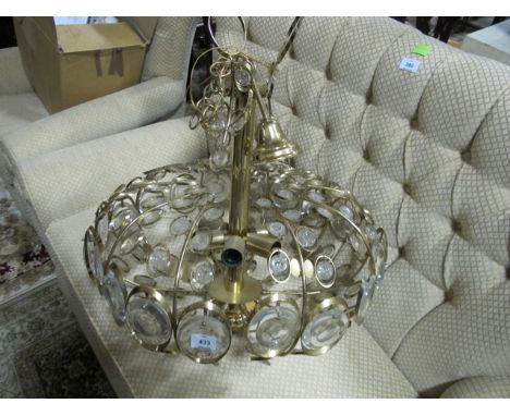 A SCIOLARI BRASS AND GLASS PENDANT LIGHT 111cm drop