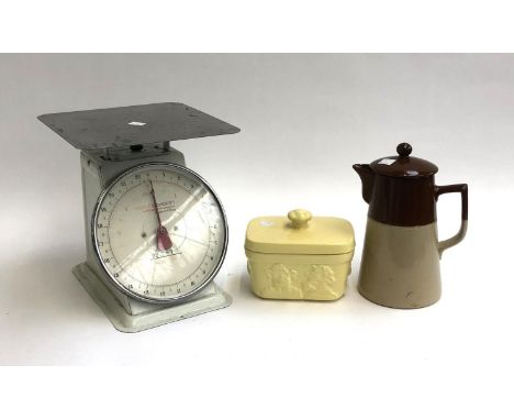 A set of kitchen scales, together with a stoneware coffee pot and a Wade butter dish 