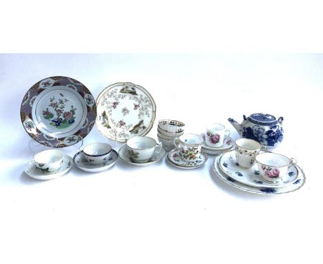 A mixed lot of 18th century and later teawares, to include Swansea, Bow, Spode, Chinese teapot, etc 