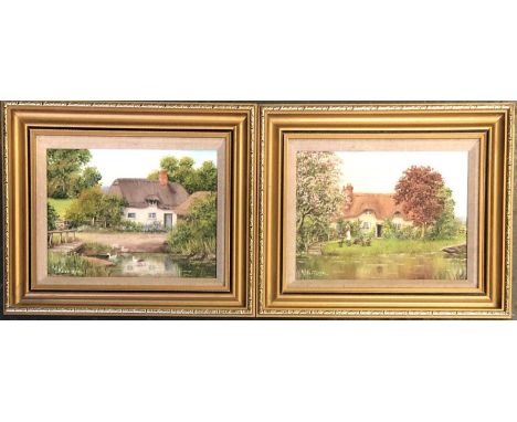 M Kerridge, 'The Duck Pond' and 'Cherry Tree Cottage', oils on artist's board, signed, 14x18.5cm 