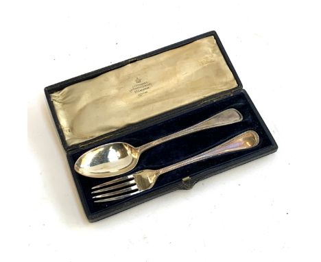 A Victorian cased silver christening set, comprising spoon and fork, by Chawner &amp; Co., 3.3ozt 