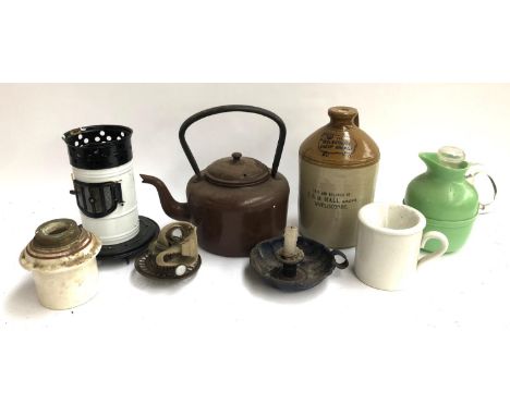 A mixed lot to include enamel kettle, oil lamp, Wilscombe sheep drench stoneware flagon 'This jar belongs to E. B. D. Hall m.