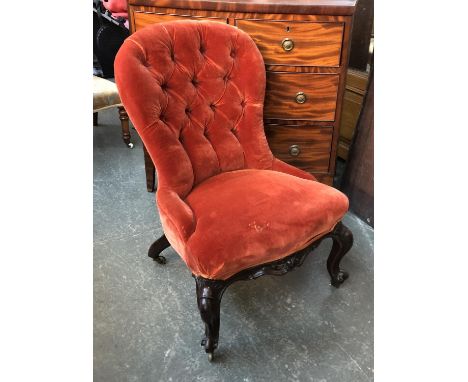 A small Victorian button back bedroom or slipper chair, the stretcher stamped G. Jackson, with carved cabriole legs 