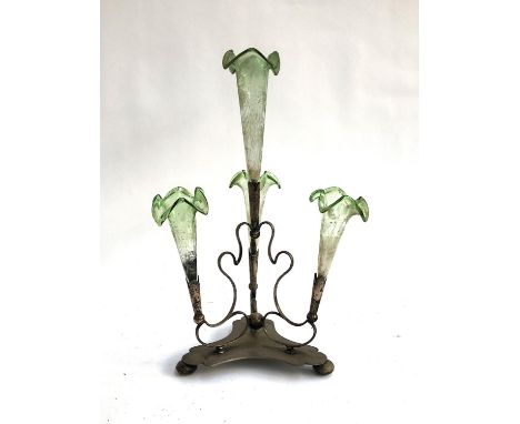 A silver plate and engraved glass epergne, 40.5cmH 