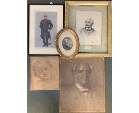 A pencil sketch of a child, signed Anc(?) lower left, 32x27cm; together with one other portrait of a gentleman; a Vanity Fair