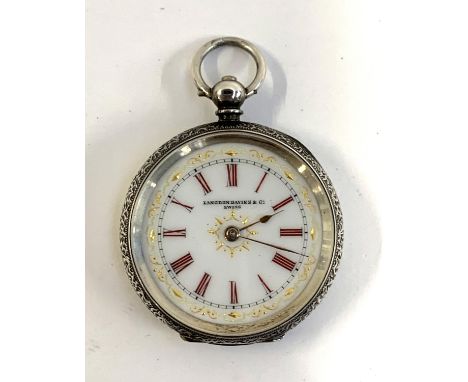 A Swiss Langdon Davies &amp; Co. 935 silver cased fob watch, with enamel dial 3cmD with red Roman numerals, all over flora en