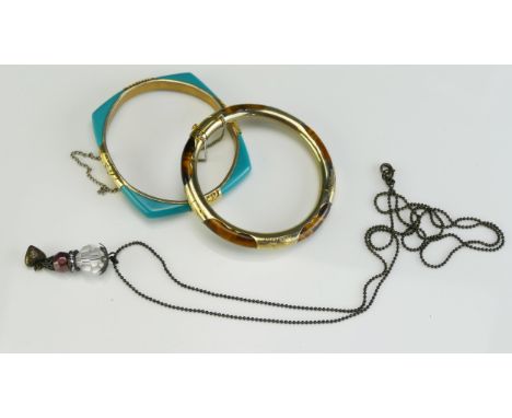 A Chinese Gilt Metal and Tiger's Eye Hinged Bangle, one other hinged bangle (both stamped 925) and a costume necklace