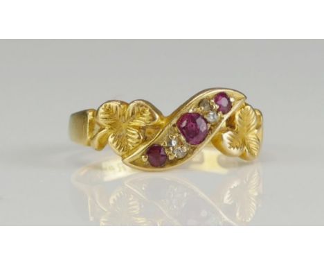 An Antique 18ct Gold, Ruby and Rose Cut Diamond Ring, Birmingham 1901, PBS, Rd. no. 378759, size J.25, 2.36g