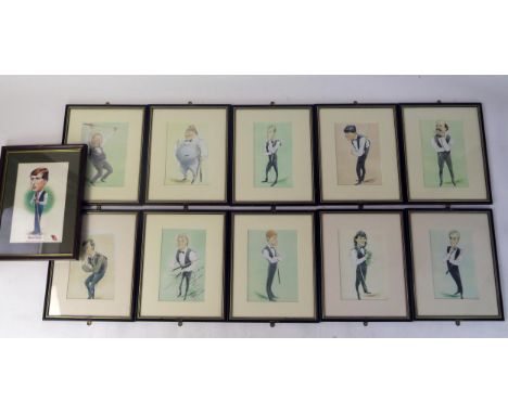 Ten polychrome caricatures of famous snooker players, includes Alex Higgins, Terry Griffths, Bill Werbeniuk, Jimmy White, Ian