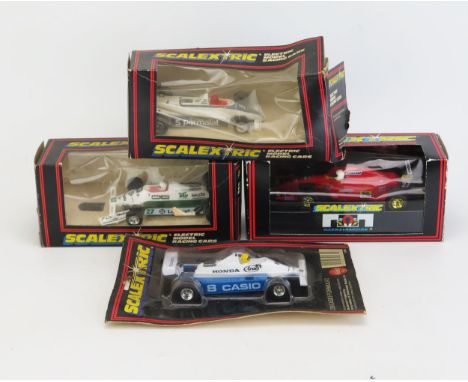 Scalextric Formula One Slot Cars Group of 4 including C139 Brabham BT 49 Parmalat, C138 Saudia Leyland Williams FWO 7B, C410 