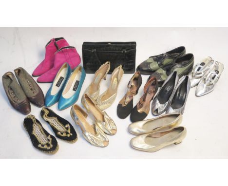 A collection of ladies vintage fashion shoes, pixie boots and hand bag.