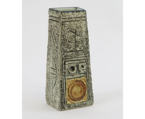 A Troika pottery tapering slab vase, with abstract designs, signed Troika, and initialled AJ, 17.5cm high.