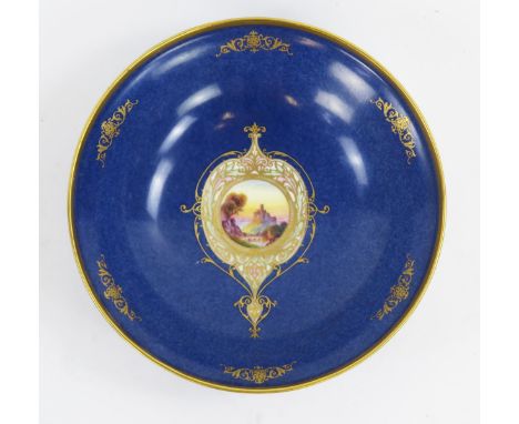 A Royal Worcester Gilt Decorated and Hand Painted Bowl, Shape 2769, the Centre Lozenge Hand Painted with Castle Scene, 21cm d