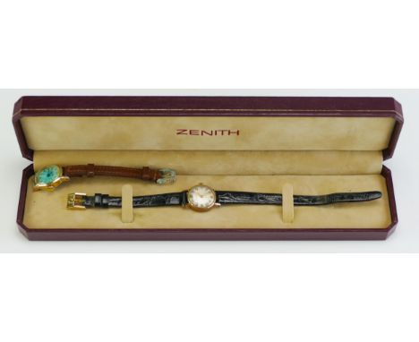 A ZENITH Lady's 9ct Gold Manual Wind Wristwatch, 19mm case (boxed, winds and runs) and one other A/F
