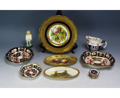 Three Royal Crown Derby dishes, decorated in the Imari palette, two oval Royal Worcester dishes both a/f, Royal Worcester fig