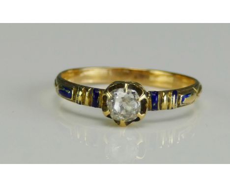 An Antique Old Cut Diamond and Blue Enamel Ring in a precious yellow metal setting, KEE tests as 18ct, c. 4.4mm stone, size N