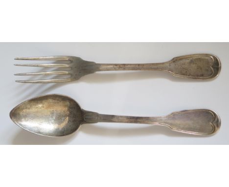 A continental table fork and spoon, stamped marks, 179gms, 5.77ozs.