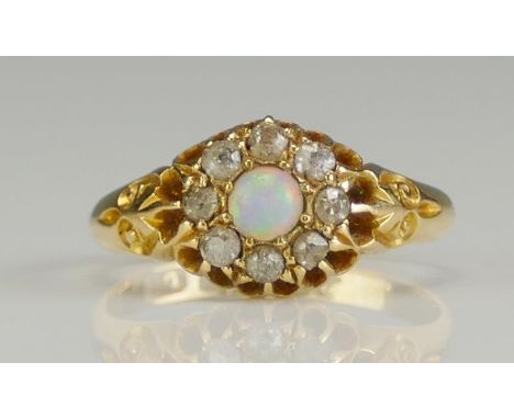 An Antique 18ct Gold, Opal and Old Cut Diamond Ring, c. 8.8mm head, size K, Birmingham 1904, 3g
