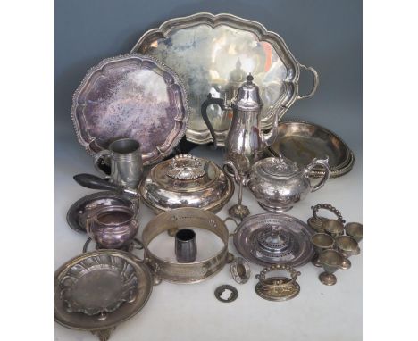 A collection of assorted plated wares including chafing dish and cover, entree dishes, coffee pot, egg cup stand etc.