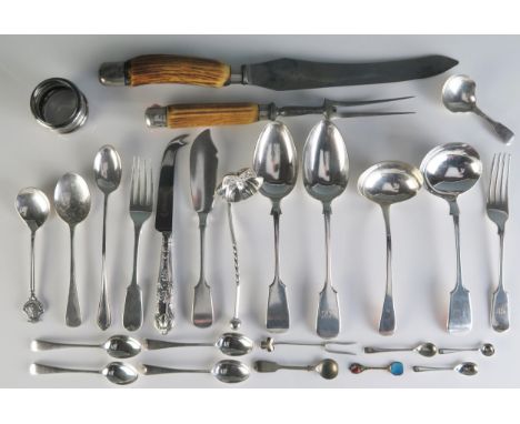 A mixed collection of silver and plated flatwares, includes silver sauce ladle, four coffee spoons, preserve spoon etc, weigh