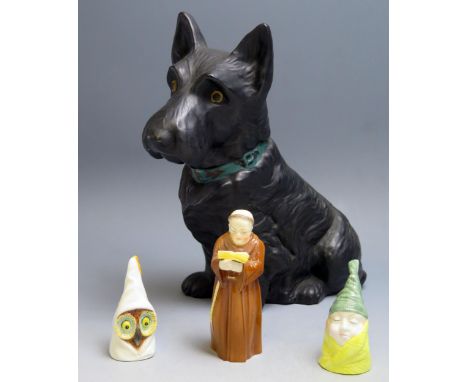 Three Royal Worcester porcelain candle snuffers, 'Mr Caudle'. 'hooded Owl', and 'Monk'. and a pottery model of a terrier. (4)