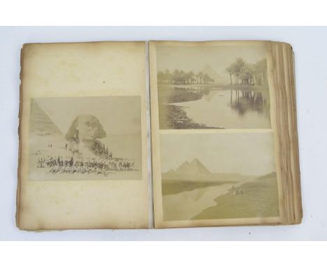 An album of albumen prints and photographs, views include Taj Mahal, The Cashmere Gate, The Pyramids, Turin Cathedral, Bellag