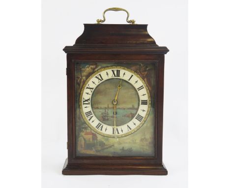 A Late 18th/early 19th century Dutch bracket timepiece, with painted Roman dial decorated with shipping scenes, the replaced 