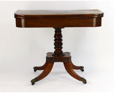 A 19th century pedestal card table of rectangular outline, the hinged top with baize lined interior, raised on a turned colum