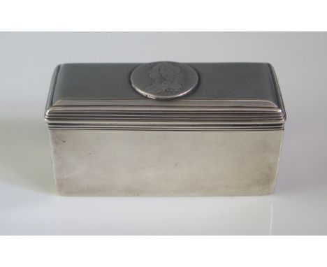 A George IV silver snuff box, maker W Price, London, 1820, of plain rectangular form, the hinged lid with applied coin decora