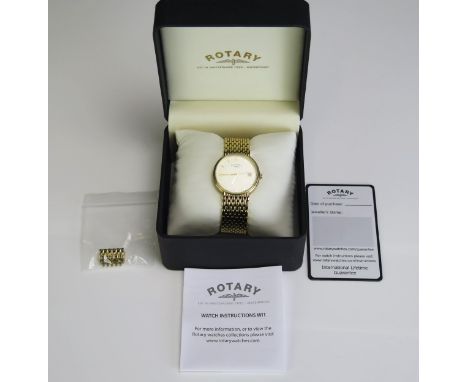 A Rotary gents gold plated wristwatch, with 30mm dial, gilt batons and date aperture, on chain link strap, boxed with instruc