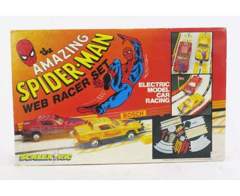Scalextric C672 the Amazing Spiderman Web Racer Set with C321 &amp; C322 red and yellow Triumph TR7 pair, special edition whi