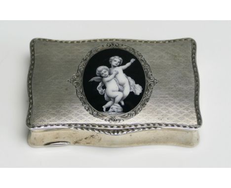 A 19th century continental silver snuff box, unmarked, of rectangular outline, the hinged lid inset with an oval panel decora